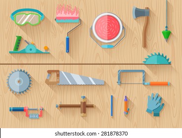 carpenter tools set use to construction renovation and repair on wood texture background. top view of flat design long shadow vector illustration.