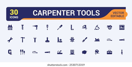 Carpenter tools solid icons set. Related to woodworking. Carpentery tools symbol, Editable filled icon collection for web and ui. Pixel perfect. Vector illustration.