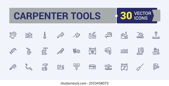 Carpenter Tools thin line icon set. Containing workshop, mechanic, builder, construction, drill, equipment, screwdriver and more. Outline symbol collection.