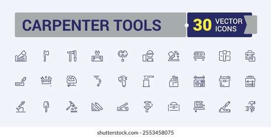 Carpenter Tools thin line icon set. Containing workshop, mechanic, builder, construction, drill, equipment, screwdriver and more. Outline symbol collection.