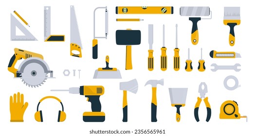 Carpenter tools vector collection - Set of illustrations with various hand tool, like hammer, saw, screwdriver, drill etc. Flat design on white background