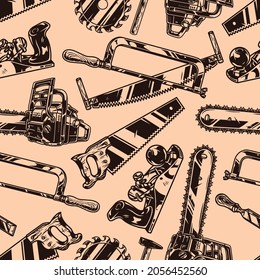 Carpenter tools vintage seamless pattern with hacksaw chisel handsaws chainsaw hammer sawblade jointer vector illustration