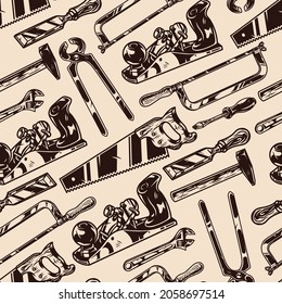 Herramientas carpintero vintage patrón ininterrumpido con pinzas de metal de chisel de rompecabezas articulador martillo ajustable en ilustración vectorial de estilo monocromático