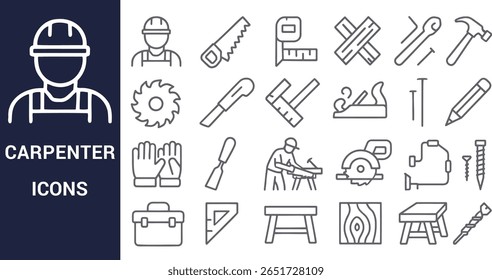 Carpenter tools and worker icons line art vector
