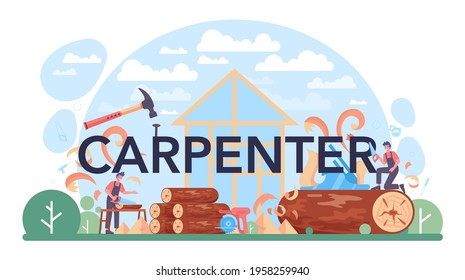 Carpenter typographic header. Woodworker processing wood-block. Builder working