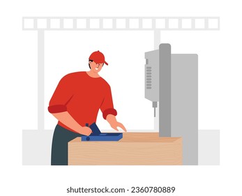 Carpenter uses a chisel tool to smooth and straighten wood, in a special room for working, worker vector illustration.