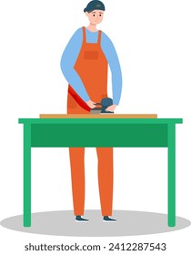 Carpenter using electric sander on workbench. Male worker with cap sanding wood in workshop. Crafting, woodworking, and manual labor vector illustration.