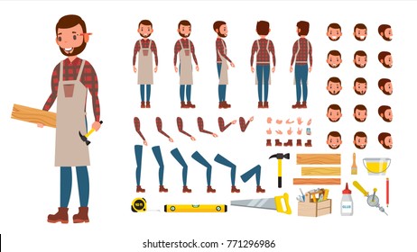 Carpenter Vector. Animated Professional Character Creation Set. Workshop, Wood Work Tool. Full Length, Front, Side, Back View, Accessories, Poses, Emotions, Gestures. Flat Cartoon Illustration