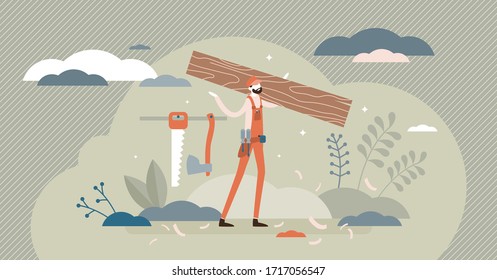 Carpenter vector illustration. Wood construction occupation flat tiny persons concept. Maintenance service with handyman and fix equipment. Workshop with craftsman holding timber plank and tool belt.