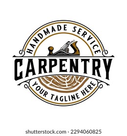 carpenter vintage logo design. hand plane, saw and wood icon, for carpentry, furniture, crafts and home improvement.