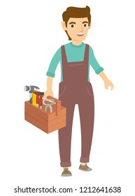A carpenter walk and holding many tools for work