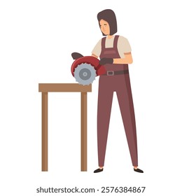 Carpenter wearing overalls and gloves is using a circular saw to cut a wooden plank on a workbench