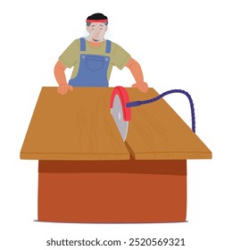 Carpenter Wearing Safety Gear Using A Circular Saw On A Wooden Plank In A Workshop Setting Emphasizing Safety And Precision In Carpentry Craftsmanship and Furniture Making. Cartoon Vector Illustration