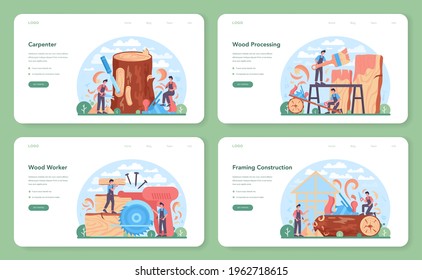 Carpenter web banner or landing page set. Woodworker processing wood-block