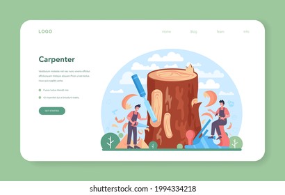 Carpenter web banner or landing page. Woodworker processing wood-block. Builder working with wood, making constructions. Joinery and carpenry workshop. Isolated vector illustration