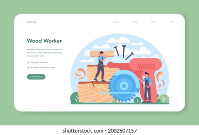 Carpenter web banner or landing page. Woodworker processing wood-block. Builder working with wood, making constructions. Joinery and carpenry workshop. Isolated vector illustration