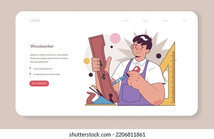 Carpenter web banner or landing page. Wooden furniture maker or designer. Home furniture construction, repair and assembly. Joinery and carpentry workshop. Flat vector illustration