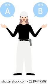 Carpenter woman pose, Suggesting A and B