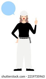 Carpenter woman pose, Talking while pointing