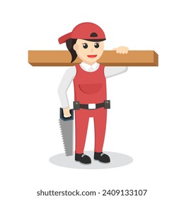 carpenter woman with wood log and saw design character on white background svg