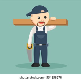 carpenter with wood log and saw