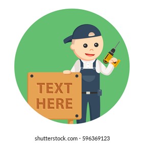 carpenter with wood sign in circle background