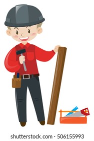 Carpenter with wood and tools illustration