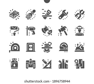 Carpenter. Wooden boards and instruments. Builder equipment store. Electric saw, drill, hammer, paint roller, tape measure and chisel. Vector Solid Icons. Simple Pictogram