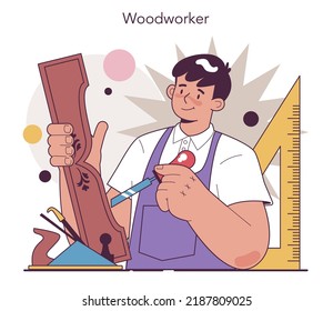 Carpenter. Wooden furniture maker or designer. Home furniture construction, repair and assembly. Joinery and carpentry workshop. Flat vector illustration