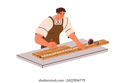 Carpintero, carpintería. Artista midiendo tablón de madera con cinta de medida. Carpintería, carpintería, trabajos de madera, procesamiento de madera dura en el taller. Ilustración vectorial plana aislada en fondo blanco