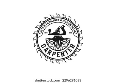 Carpenter woodwork logo design hand planer wood stump illustration