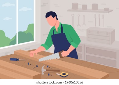 Carpenter at work flat color vector illustration. Professional woodworking. Handyman at manual work. Man sawing wood plank 2D cartoon character with workshop interior on background