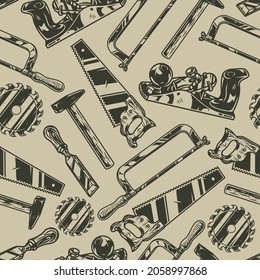 Herramientas de trabajo carpintero vintage patrón sin fisuras con el martillo de la sierra de aserradura de la articulación de la motosierra de la corteza de la corteza de la corteza de la corona en ilustración vectorial de estilo monocromático
