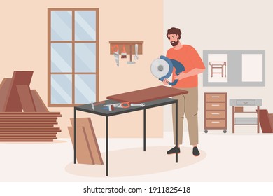 Carpenter worker doing woodwork on furniture workshop vector flat illustration. Man holding circular saw and sawing wooden plank for making wooden furniture. Wood furniture workshop interior design.