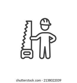 Carpenter worker line icon. linear style sign for mobile concept and web design. Man with saw outline vector icon. Symbol, logo illustration. Vector graphics