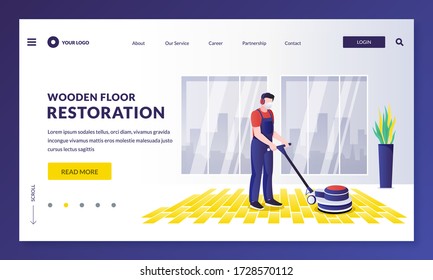 Carpenter worker restoring wooden floor. Repairman makes house flooring repair works, grinding wood parquet. Vector flat cartoon illustration. Home repair, decoration and renovation services concept