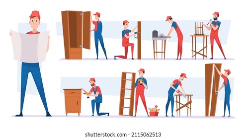 Carpenter workers. Handyman characters installing modern wooden furniture making wardrobes tables and chairs craft team exact vector cartoon illustra