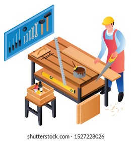 Carpenter working concept background. Isometric illustration of carpenter working vector concept background for web design