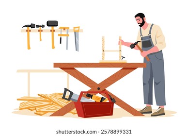 Carpenter working diligently in a workshop, crafting furniture with wood and hammer, utilizing various tools on the workbench for skilled carpentry and manufacturing tasks