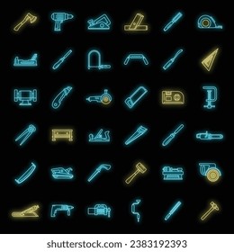 Juego de iconos de trabajo del carpintero. Conjunto de esquemas de iconos de vectores de trabajo del carpintero color de neón sobre negro
