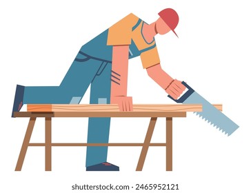 Carpenter working. Man in helmet works with saw in workshop, tools and professional industrial instrument. Male character sawing wood board. Vector cartoon flat isolated carpentry illustration