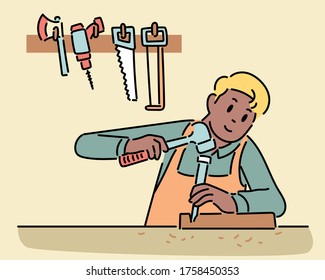A carpenter is working with a tool. hand drawn style vector design illustrations. 