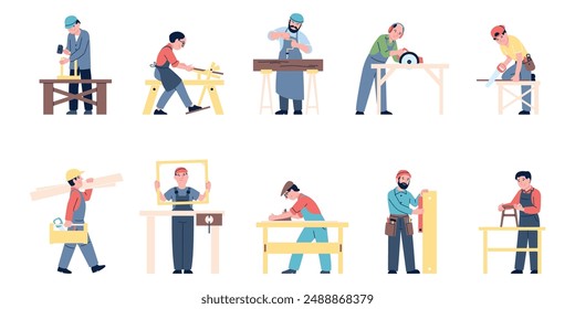 Carpenter working. Wood industry workers, joiners and craftsmen. Men sawing, planing, hammering nails, processing woods recent vector clipart