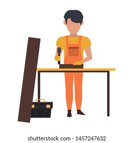 Carpenter working with wooden plank toolbox and hammer on desk vector illustration graphic design