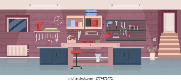 Carpenter workshop flat color vector illustration. Woodworking office, garage 2D cartoon interior design with work tools on background. Professional handyman workplace, carpentry studio decor