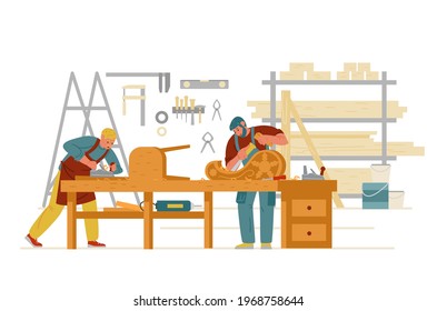 Carpenter Workshop Interior Men Working Carving Stock Vector (Royalty ...