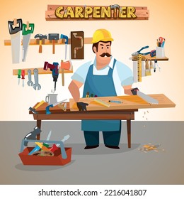 Carpenter Workshop Interior With Men Working. Carving On Wood, Making Furniture. Craftsman Flat Vector Characters.
