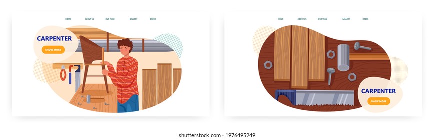 Carpenter workshop landing page design, website banner vector templates. Joiner woodworker assembling, making furniture.