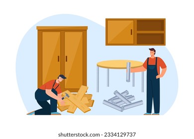 Carpenters building home furniture vector illustration. Workers using different materials like wood and metal to make tables and wardrobes in living room. Interior design, renovation concept