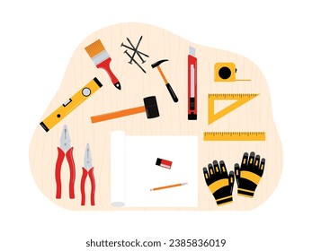 A carpenter's carpentry tools, gloves, paper for concept sketches, hammer, nails, and measuring tape, desk top view vector illustration.